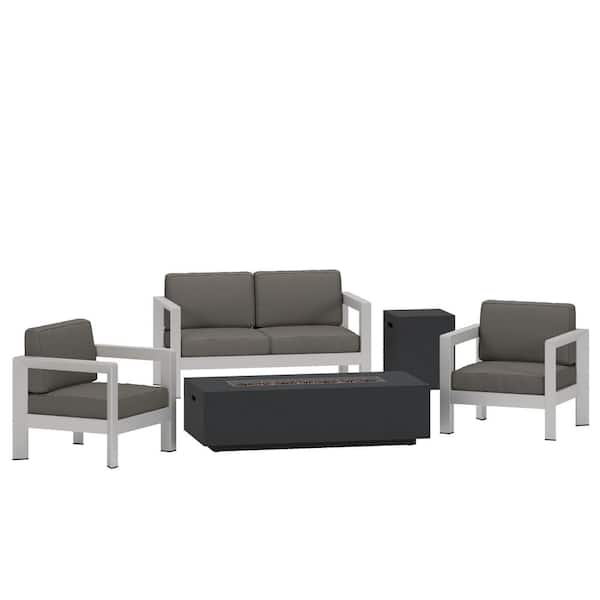 Noble House Aviara 5-Piece Aluminum Patio Fire Pit Conversation Set with Khaki Cushions