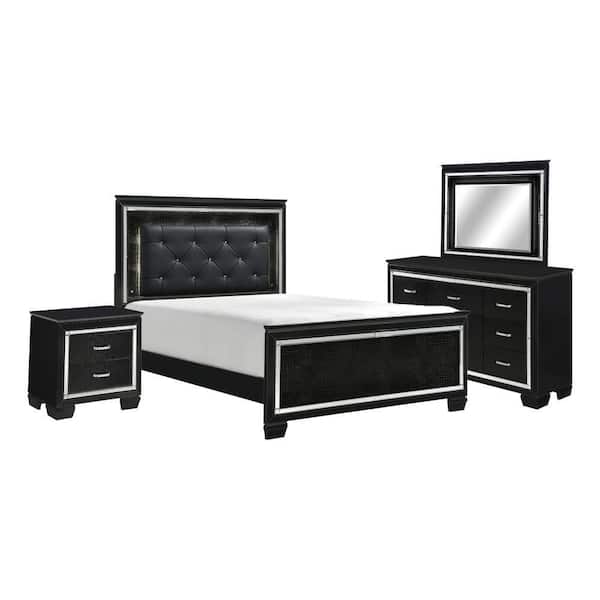 【R&B】Ebony Male Benjara Alen 4-Piece Black and Silver Queen Wood Bedroom Set