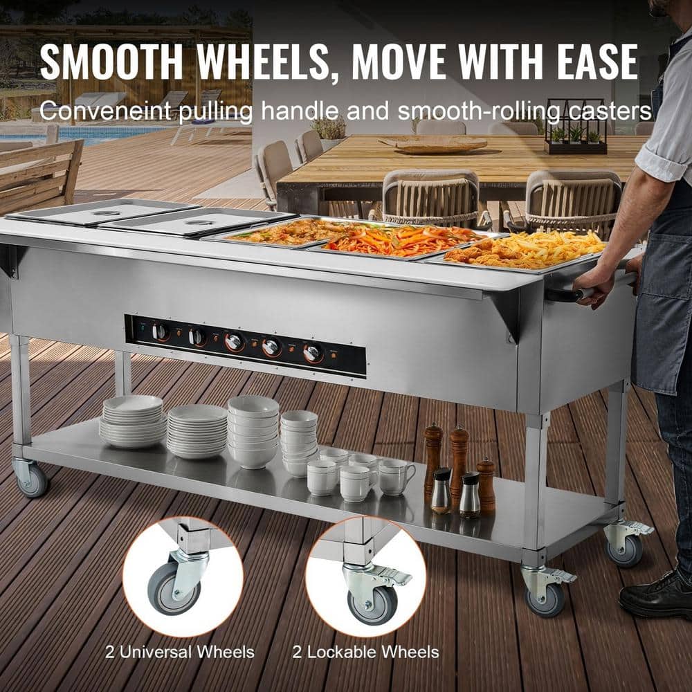 Stainless Steel 5-Pan Commercial Electric Food Warmer with Wheels