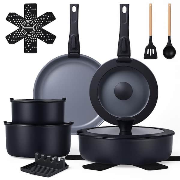 18-Piece Nonstick Aluminum Cookware Set with Detachable Handle, Non Toxic Kitchen Cooking Set with Removable Handle
