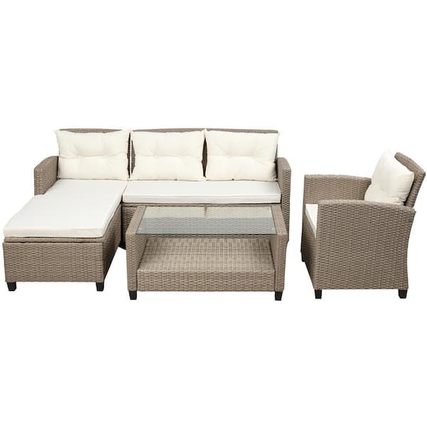 Unbranded 4-Pieces Wicker Ratten Outdoor Patio Conversation Set with Beige Cushions Coffee Table for Porch and Garden Poolside