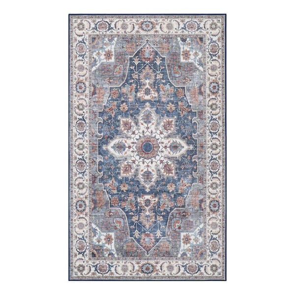 Aliyeh Navy 5 ft. x 7 ft. Woven Medallion Polyester Area Rug