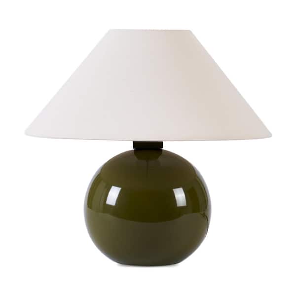 Fiona 10.83 in. LED Glossy Olive Green Ceramic Midcentury Round Globe Bedside Desk Lamp with Cream Cotton Empire Shade