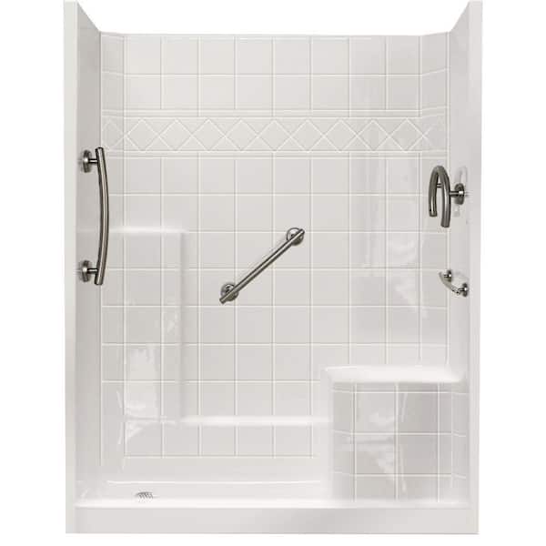 Ella 60 in. x 33 in. x 77 in. Freedom Low Threshold 3-Piece Shower Kit in White Brushed Nickel Package, RHS Seat, LHS Drain