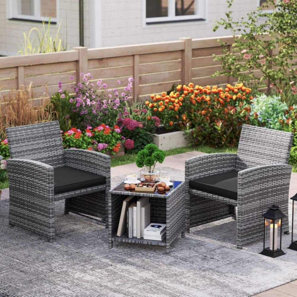 3-Piece Gray PE Wicker Rattan Patio Conversation Set Outdoor Bistro Set with Black Cushions price history on PriceWatchPro