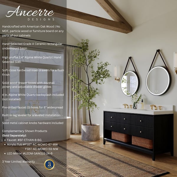 Momo 60 in. W Double Sinks Freestanding Black Oak Bath Vanity with Alpines White Quartz Top