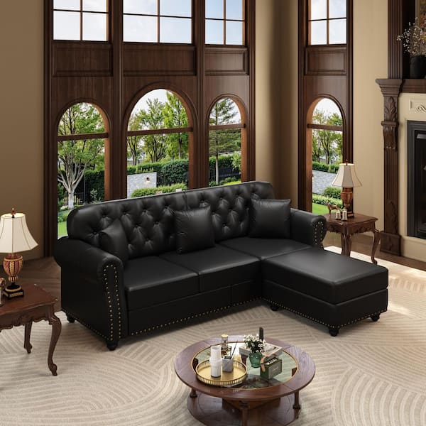 82.6 in. Rolled Arm Faux Leather Sofa in Black with Nailhead Trim,Rolled Armrests,Button Tufted and 3 Pillows