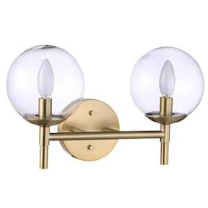 Auresa 15.75 in. 2-Light Soft Brass Globe Vanity Light with Clear Glass Shades