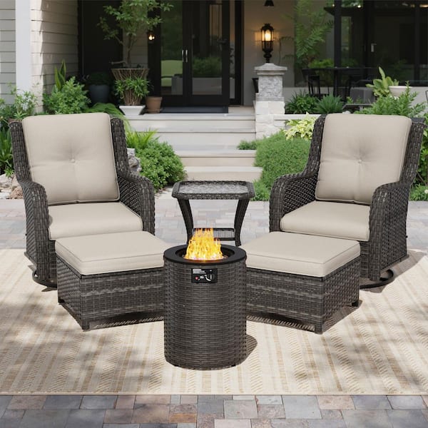 6-Piece Wicker Patio Fire Pit Conversation Sets with Beige Cushions 2 Chairs, 2 Ottomans, 1 Table and 1 Fire Pit