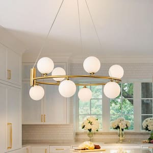 31.5 in. 8-Light Modern Gold Round Chandelier with Globe Glass Shades