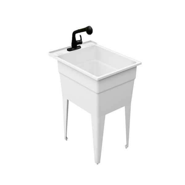 RUGGED TUB 18 in. x 24 in.  White Freestanding Utility/Laundry Sink with 1-Handle Black Pullout Faucet and Installation Kit