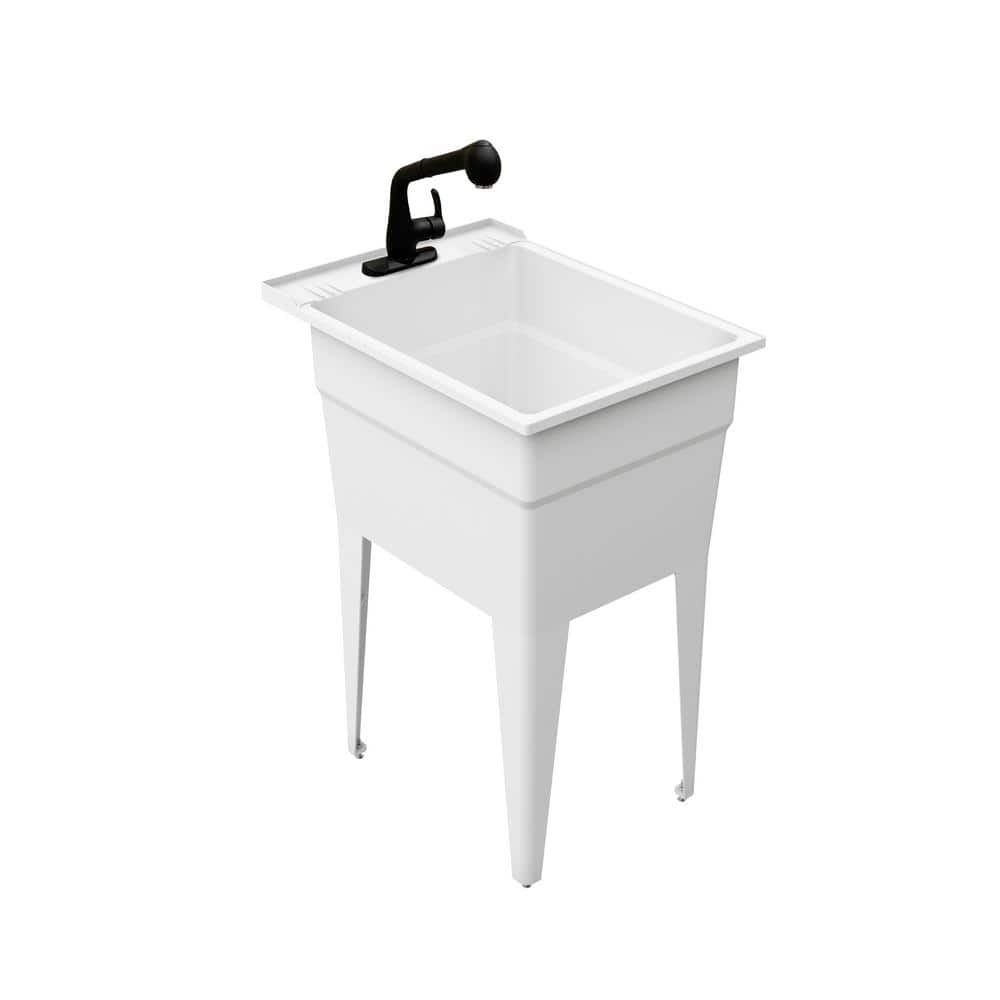 RUGGED TUB 18in. x 24in. Polyprop. White Freestanding Laundry/Utility Sink  with 1-Handle Black Pullout Faucet and Installation Kit N52WK1-B1H - The ...