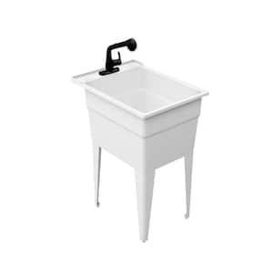 18in. x 24in. Polyprop. White Freestanding Laundry/Utility Sink with 1-Handle Black Pullout Faucet and Installation Kit