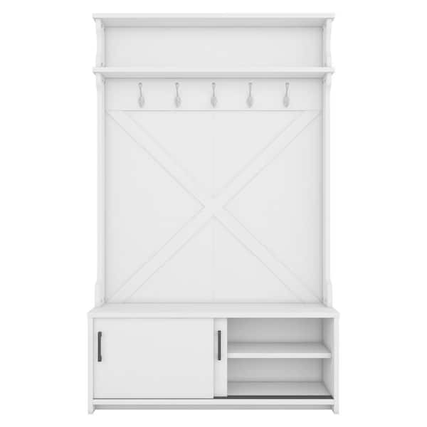 Off White Hall Tree with Storage Shelves and Hooks Hallway Shoe Storage Bench with Sliding Doors Coat Rack for Entryway