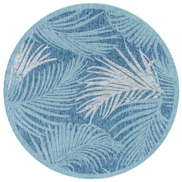 SAFAVIEH Courtyard Aqua/Navy 7 ft. x 7 ft. Border Leaf Abstract Indoor/Outdoor Patio  Round Area Rug