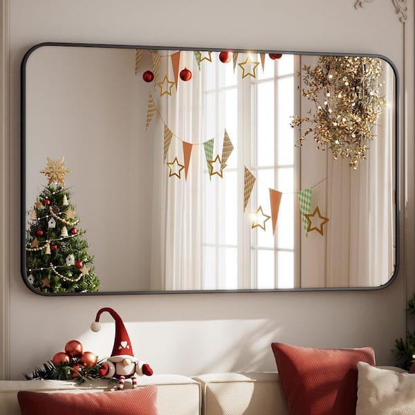 XRAMFY 30 in. W x 47 in. H Rectangular Modern Aluminum Alloy Framed Rounded Black Wall Mirror