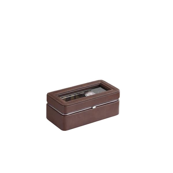 Unbranded Tempered Glass and Leather Rectangular Brown 4-Slot Watch Box, Watch Display Case