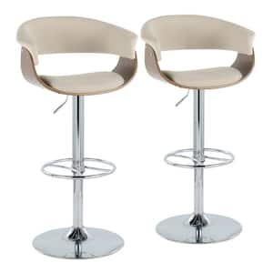 Vintage Mod 32 in. Cream Fabric, Walnut Wood and Chrome Metal Adjustable Bar Stool with Wheel Footrest (Set of 2)