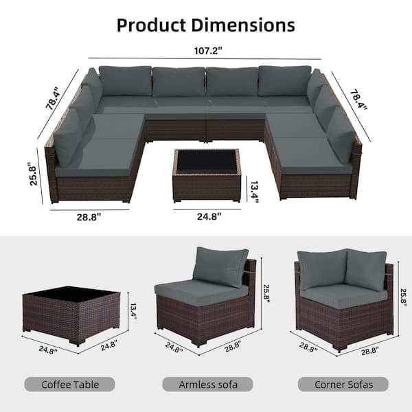 9-Piece Wicker Patio Conversation Seating Set with Dark Gray Cushions and Coffee Table