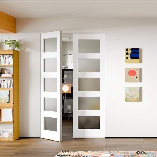 64 in. x 80 in. Solid Wood and MDF, Primed, White, 5 Lite, Frosted Glass Interior Door Slab With Black Lever Handle