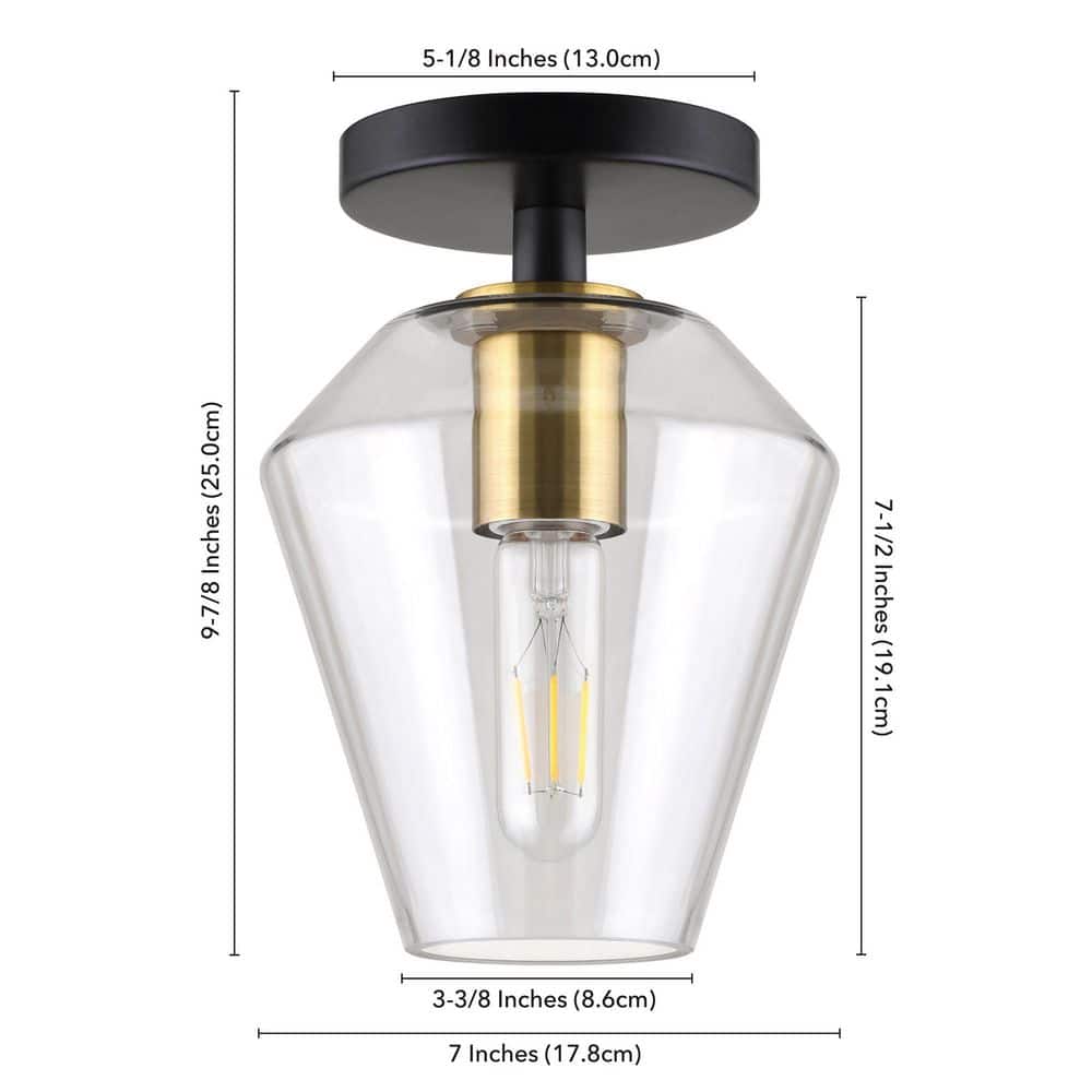 Remy 7" Matte Black and Brass Semi Flush Mount with Glass Shade
