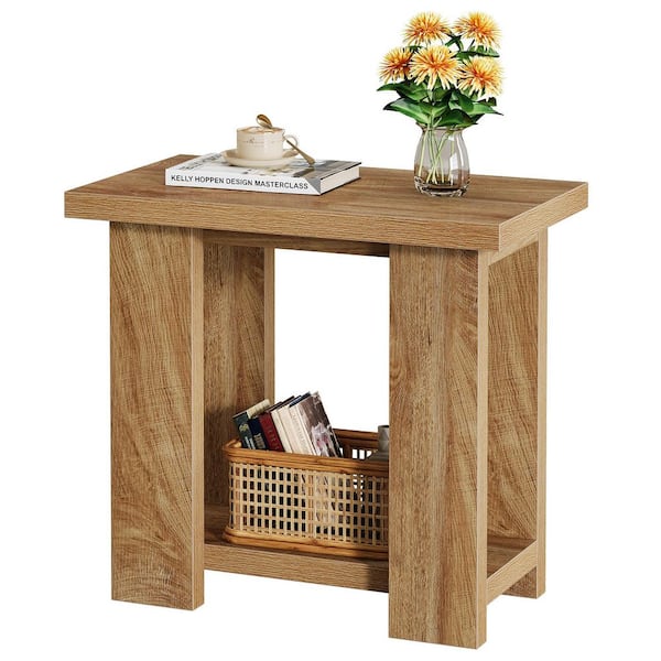 Kerlin 27 in. Brown Rectangle Wood End Table with Storage Shelves and 4-Sturdy Legs