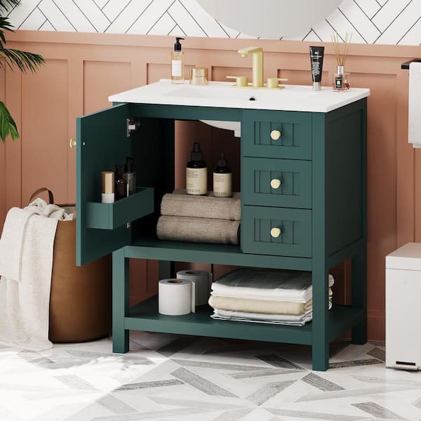 30 in. W x 18 in. D x 34 in. H Single Sink Freestanding Bath Vanity in Green with White Ceramic Top