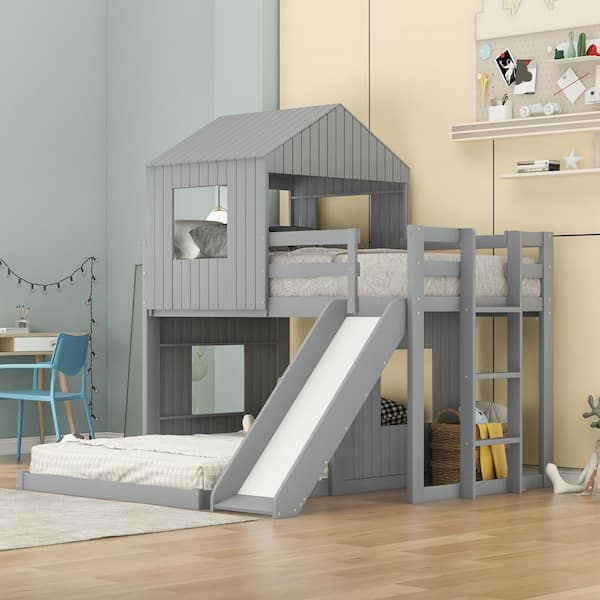 Gosalmon Gray Twin Over Full Bunk Bed, Bunk Bed Loft With Slide