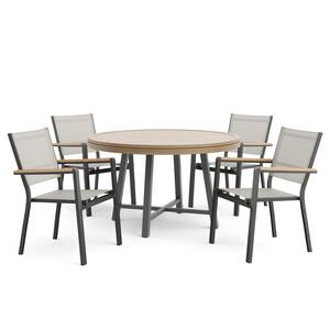 Lyon Brown 5-Piece Metal/Teak Round 3-in-1-Outdoor Dining Set With Stackable Chairs and Chess Set