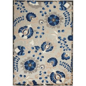 Aloha Natural/Blue 5 ft. x 8 ft. Floral Contemporary Indoor/Outdoor Patio Area Rug