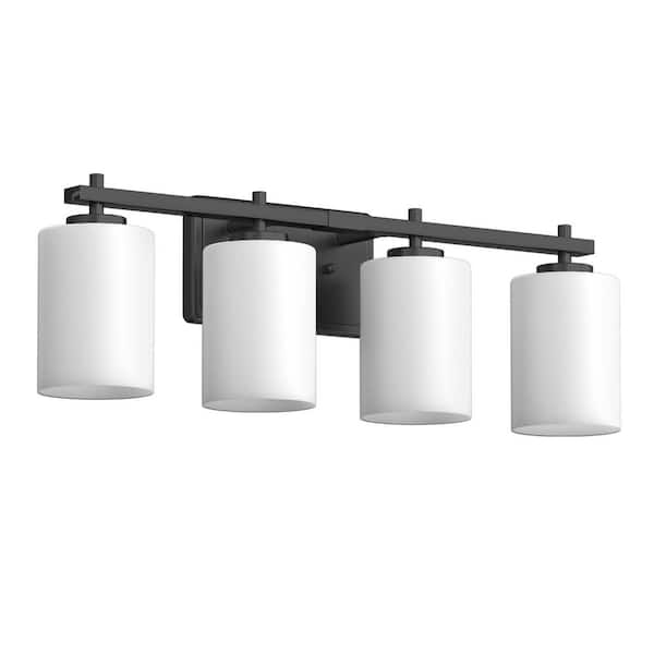 24 in. 4-Light Black Vanity Light with Cylinder Frosted Glass Shade for Vanities Powder Rooms or Dressing Rooms