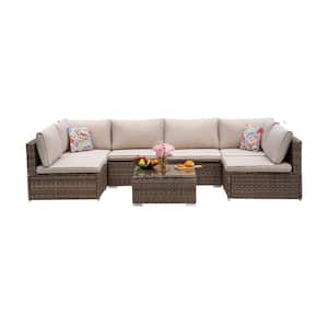 Light Brown 7-Piece Wicker Outdoor Sectional Set Patio Sofa Set with Beige Cushions and Coffee Table