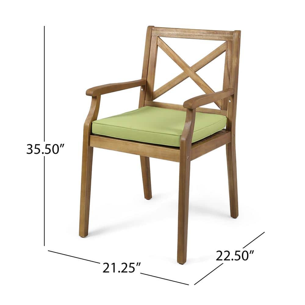 Teak and Acacia Dining Chairs with Green Cushions, Set of 2