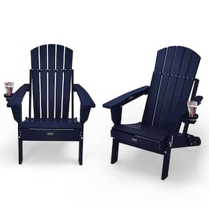 Navy HDPE Outdoor Folding Plastic Adirondack Chair with Cupholder(2-Pack)