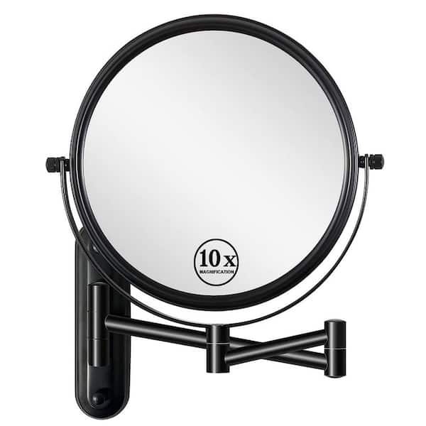 Tileon 8 in. W x 8 in. H Small Round 10 x HD Magnifying Double Sided Telescopic Bathroom Wall Mounted Makeup Mirror in Black