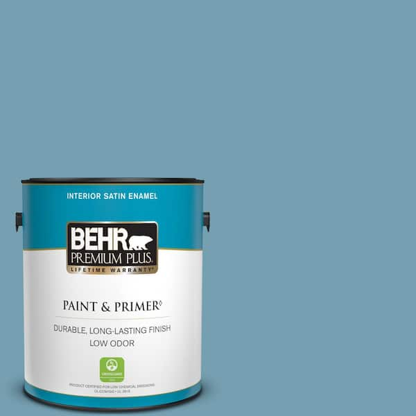 BEHR PREMIUM PLUS 1 gal. #S480-4 Saga Blue Satin Enamel Low Odor Interior Paint & Primer