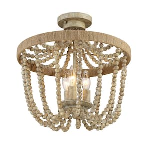 15 in. W x 13.5 in. H 3-Light Natural Wood with Rope Semi-Flush Mount Ceiling Light with Beaded Strands