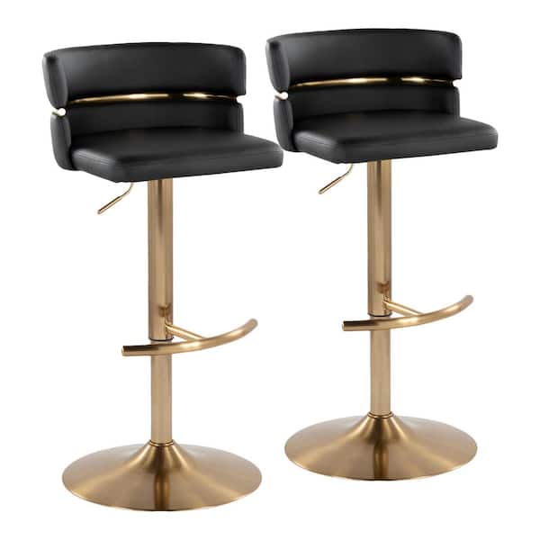 Cinch 32.5 in. Black Faux Leather and Gold Metal Adjustable Bar Stool with Rounded T Footrest (Set of 2)