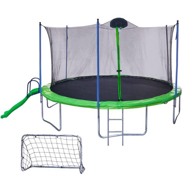 Miscool Anky 14 ft. Green Steel Trampolines with Slide, Outdoor Trampoline with Enclosure Net and Ladder, Football Goal