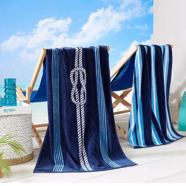 FRESHFOLDS Navy/Royal Blue Knot and Stripe 2-Pack 100% Cotton Printed Beach Towel