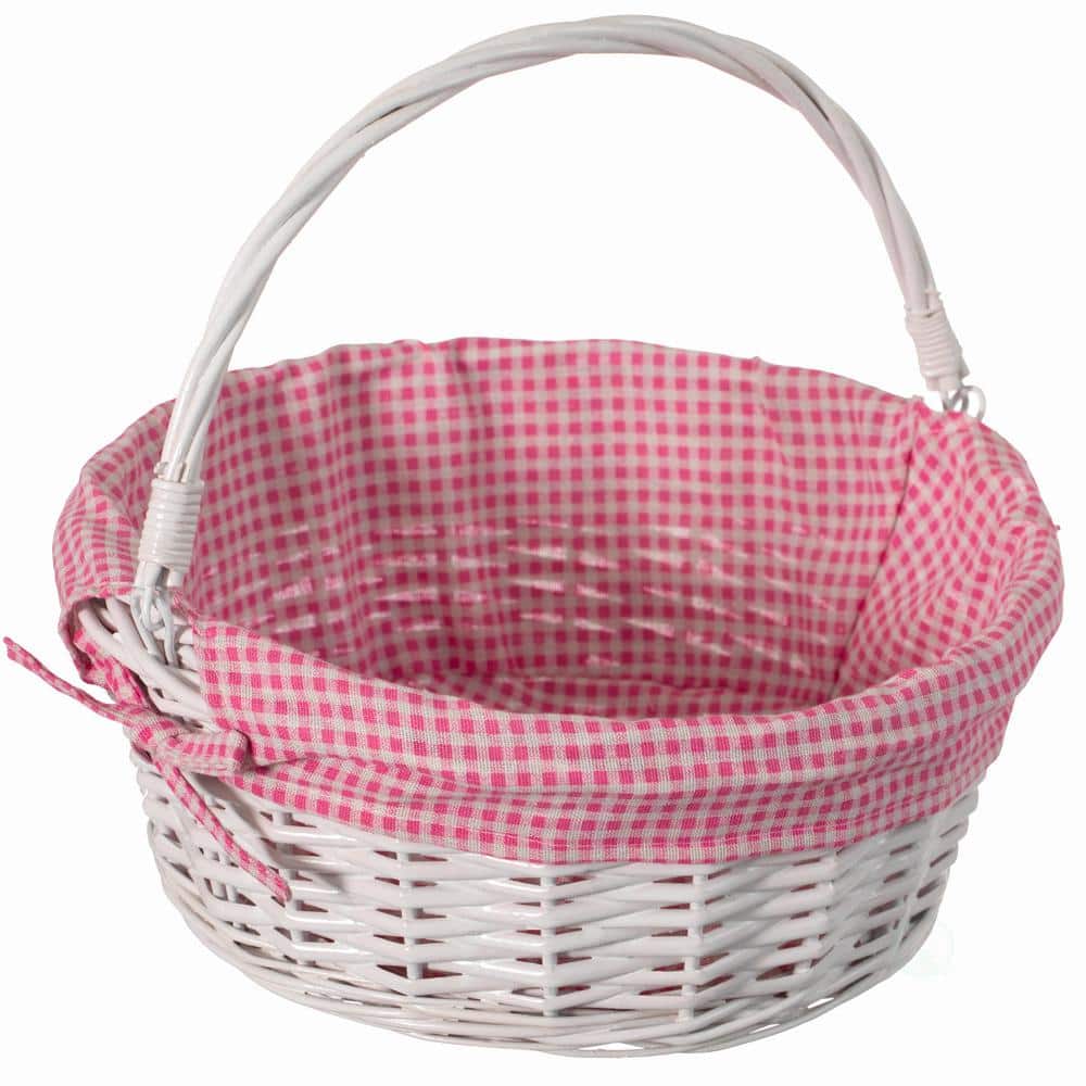 WICKERWISE Traditional White Round Willow Gift Basket with Pink and White Gingham Liner and Sturdy Foldable Handles, Medium, Medium Pink