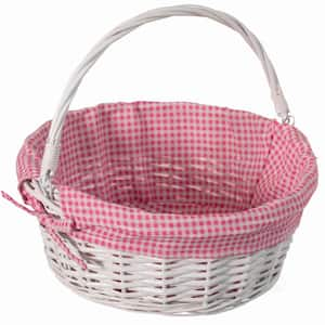 Traditional White Round Willow Gift Basket with Pink and White Gingham Liner and Sturdy Foldable Handles, Medium