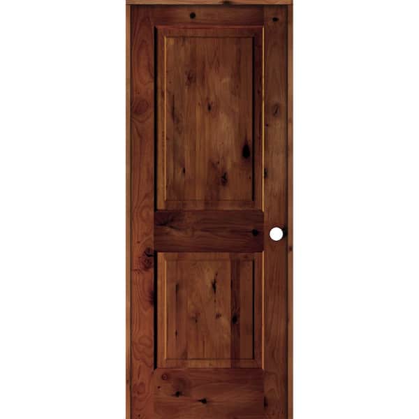 Krosswood Doors 30 in. x 80 in. Rustic Knotty Alder 2 Panel Left Hand Red Chestnut Stain Wood Single Prehung Interior Door w/Square Top