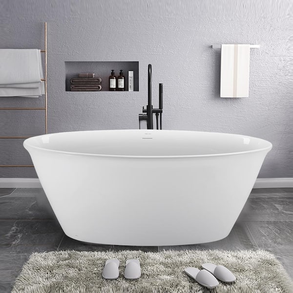 UPIKER 59 in. Acrylic Oval Shaped Soaking Freestanding Flatbottom Non-Whirlpool Bathtub in Gloss White