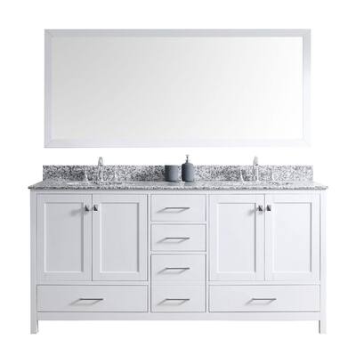 Caroline Madison 72 in. W Bath Vanity in White with Granite Vanity Top in Arctic White with Round Basin and Mirror