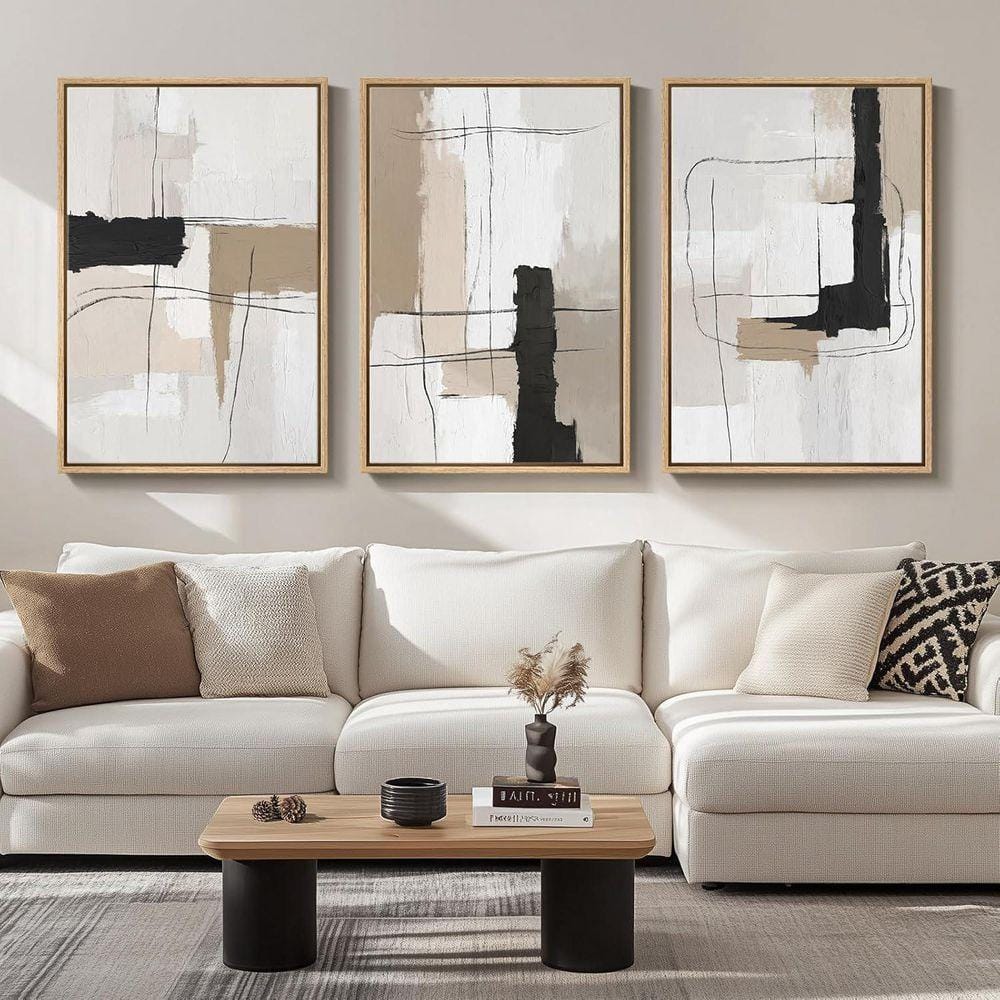 3 Piece Large Framed Neutral Abstract Wall Art Poster, Modern Black and ...
