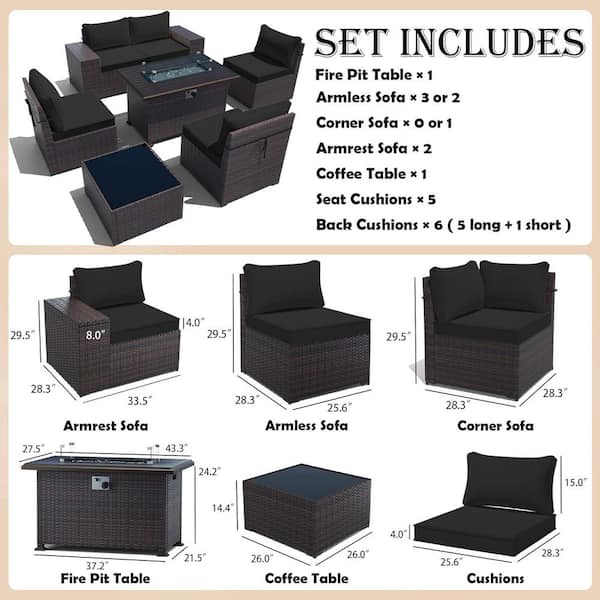 7-Piece Wicker Patio Fire Pit Set with 55000 BTU Gas Fire Pit Table, Coffee Table, Glass Wind Guard and Cushion Black