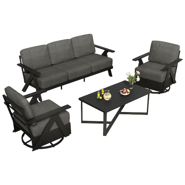 4-Piece Aluminum Patio Conversation Set with with Gray Cushions and Coffee Table