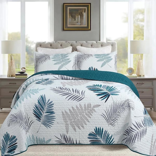 ME507 Green Printed Leaf King Size Polyester Quilt Bedspread Set
