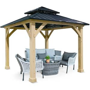 10 ft. x 10 ft. Patio Pine Wood Hardtop Gazebo with Double Steel Roof, Sunshade and J-Hooks for Outdoor